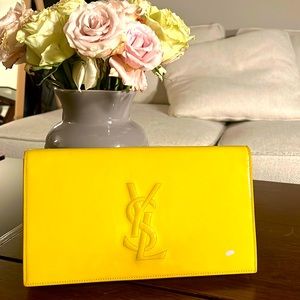 Authentic Saint Laurent Belle de Jour Ysl Classic Yellow Patent Leather Clutch